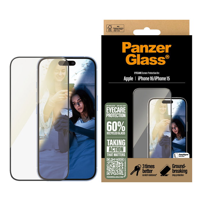 PanzerGlass EyeCARE Protector de Pantalla para iPhone 16/15 Ultra-Wide Fit Transparente