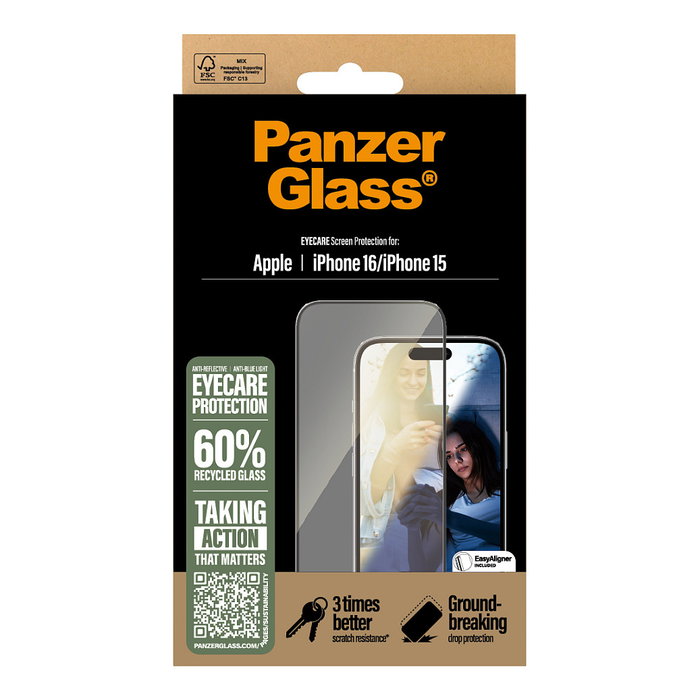 PanzerGlass EyeCARE Protector de Pantalla para iPhone 16/15 Ultra-Wide Fit Transparente