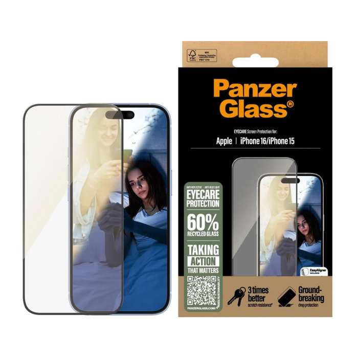 PanzerGlass EyeCARE™ Protector de pantalla Ultra-Wide Fit para iPhone 16 e iPhone 15