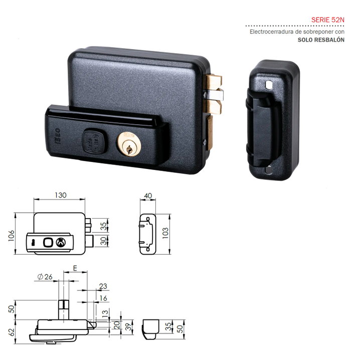 ISEO Cerradura Eléctrica Serie 52N Reversible 50/60/70/80 mm con Pulsador