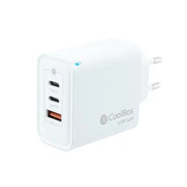 CoolBox COO-CUP-65CCA Cargador de Pared/Viaje GaN 65W con 3 Puertos (2 USB-C PD + 1 USB-A QC 3.0) Carga Rápida Universal Blanco