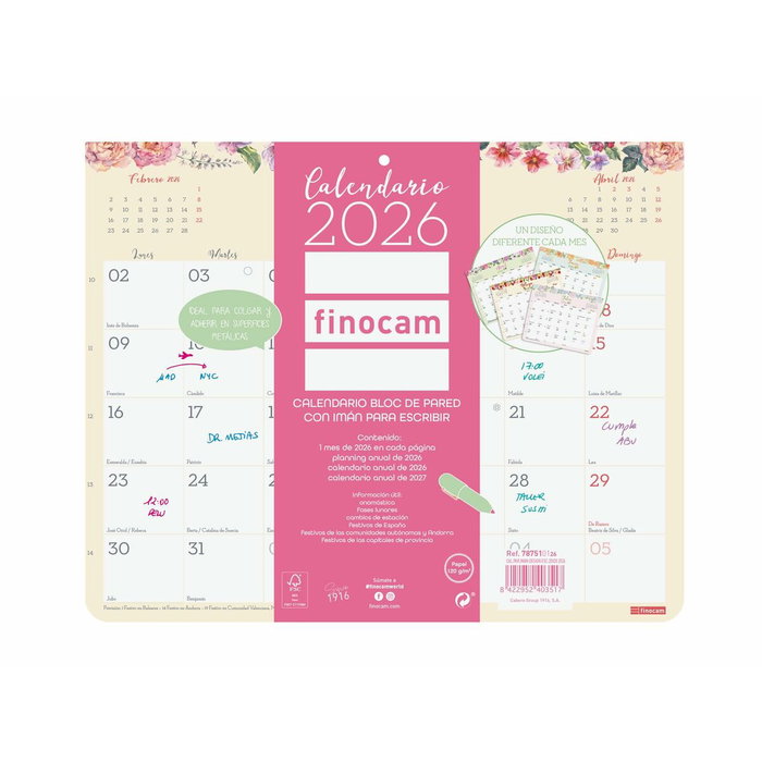 FINOCAM Calendario 2026 de Pared con Imán y Espacio para Escribir