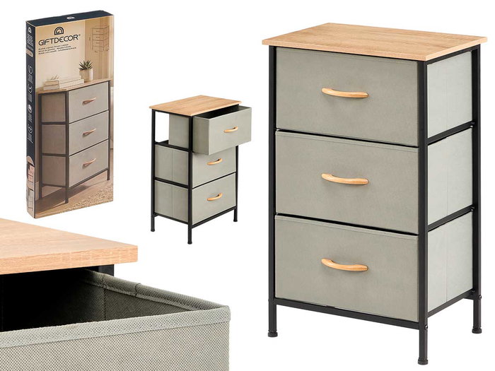 GIFTDECOR Mueble de 3 cajones Gris-Madera-Negro GIFTDECOR Mueble de 3 cajones Gris-Madera-Negro