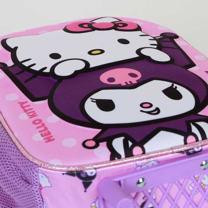 Sanrio Hello Kitty Mochila Pequeña Infantil con Ruedas 3D Relieve Frontal, Asa Telescópica, 7L y 2 Bolsillos Malla Rosa