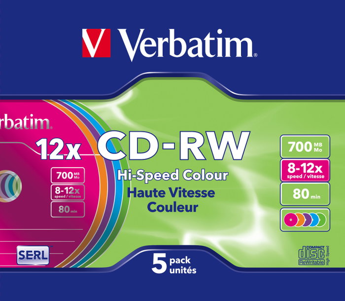 Verbatim CD-RW 700MB Pack de 5 con Slimcase y superficie de colores