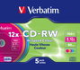 Verbatim CD-RW 700MB Pack de 5 con Slimcase y superficie de colores