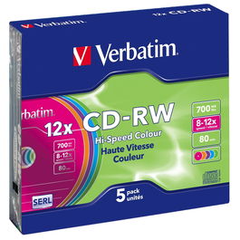 Verbatim CD-RW 700MB 12X 5 Pack Slim Case Colour Surface Regrabable