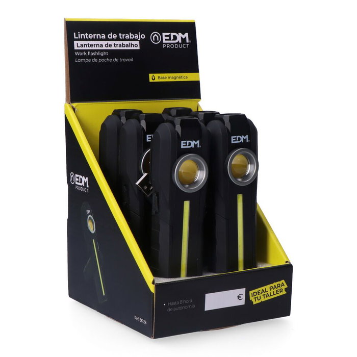 Edm Linterna de Trabajo LED COB Recargable 5W 200lm + 200lm + Spot 50lm con Base Imantada y Gancho, USB Tipo C