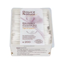 DOUCE NATURE Bastoncillos de Algodón para Oído 200Ud. - 100% Algodón Ecológico, Certificado ECOCERT, Palito de Papel