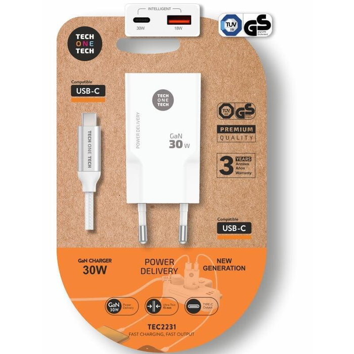Tech One Tech Cargador GaN 30W con USB-C, USB-A y Cable Blanco Tech One Tech Cargador GaN 30W con USB-C, USB-A y Cable Blanco