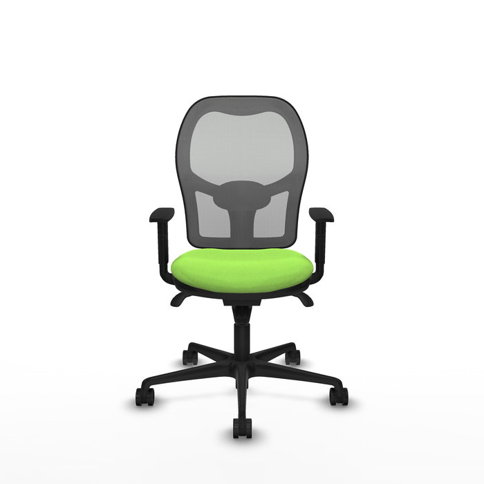 Silla de oficina Jorquera con mecanismo Sincro tapizada con Tela color Pistacho y malla color Gris. Equipada con lumbar 1D, Brazos 1D y Ruedas 65mm nailon