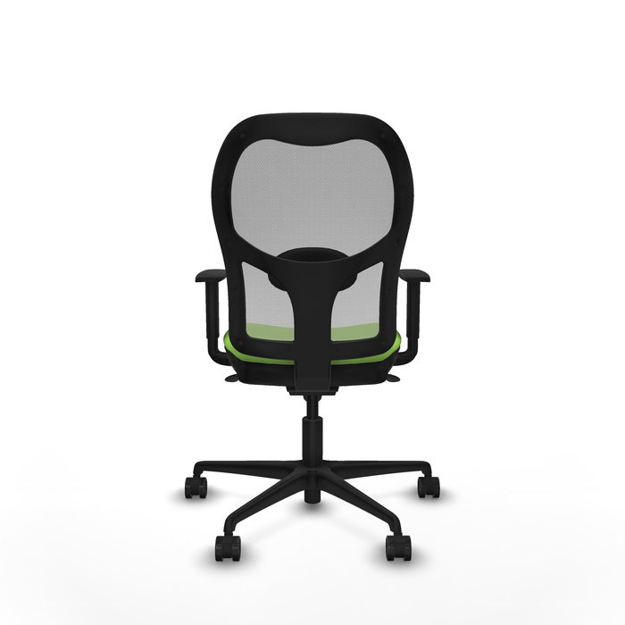 Silla de oficina Jorquera con mecanismo Sincro tapizada con Tela color Pistacho y malla color Gris. Equipada con lumbar 1D, Brazos 1D y Ruedas 65mm nailon