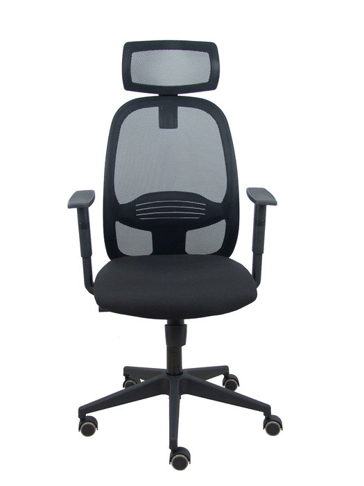 Silla de oficina Cilanco con mecanismo Sincro tapizada con Tela color Negro. Equipada con lumbar 1D, Brazos 1D, Cabecero 2D y Ruedas de parqué
