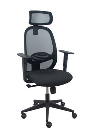 Silla de oficina Cilanco con mecanismo Sincro tapizada con Tela color Negro. Equipada con lumbar 1D, Brazos 1D, Cabecero 2D y Ruedas de parqué