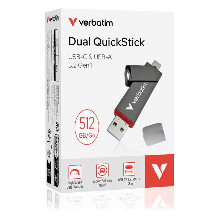Verbatim 32042 STICK 512GB Dual QuickStick USB-A/C 3.2 Gen1 550 MB/s Gris Verbatim 32042 STICK 512GB Dual QuickStick USB-A/C 3.2 Gen1 550 MB/s Gris