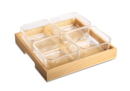 DKD Home Decor Set de 5 Tablas de Aperitivo de Cristal y Bambú 21x21x6 cm, 280ml