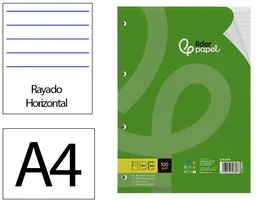 Liderpapel Recambio A4 100 Hojas 100gr Rayado Horizontal con Margen 4 Taladros