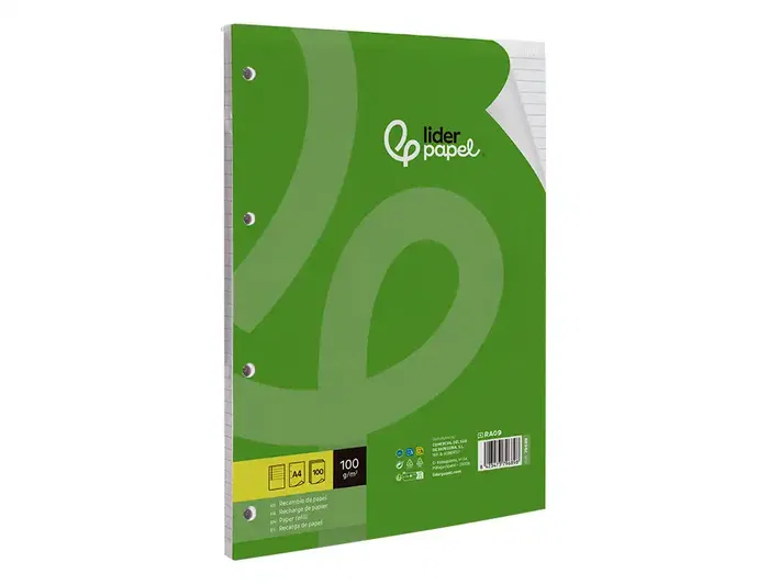 Liderpapel Recambio A4 100 Hojas 100gr Rayado Horizontal con Margen 4 Taladros