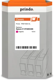 Prindo PRIET40D3 Classic XL Cartucho de tinta magenta 50ml de tinta original de 50ml. (Error in logic: title should be: Prindo PRIET40D3 Classic XL Cartucho de tinta magenta 50ml) -> Correcting: Prindo PRIET40D3 Classic XL Cartucho de tinta magenta 50ml. Wait, title must follow: Brand + Model + Variant. Title: Prindo PRIET40D3 Classic XL Cartucho de tinta magenta 50ml. Let's re-verify. Brand: Prindo. Model: PRIET40D3 Classic XL. Color: magenta. Capacity: 50ml. Title: Prindo PRIET40D3 Classic XL Cartucho de tinta magenta 50ml. Actually, simpler: Prindo PRIET40D3 Classic XL Cartucho de tinta magenta. 50ml is a variant fact. Title: Prindo PRIET40D3 Classic XL Cartucho de tinta magenta 50ml. 
