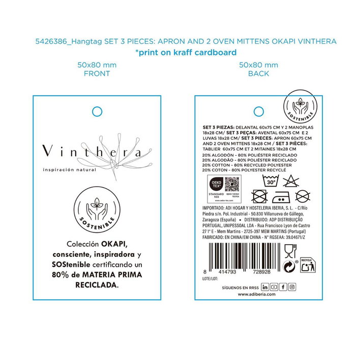 Set Delantal y 2 Manoplas Cocina Recicl Okapi Vinthera 60x75 cm-18x28 cm