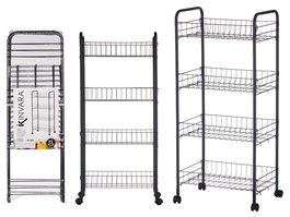 Kinvara Verdulero 4 Pisos Metálico Negro con Ruedas 26.5 x 8.5 x 82 cm (Set de 4)