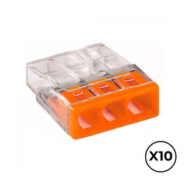 Wago Conector Rápido de 3 Vías para 0.5 a 2.5 mm², 450V/24A, Tapa Naranja Transparente, Lote de 10 Unidades