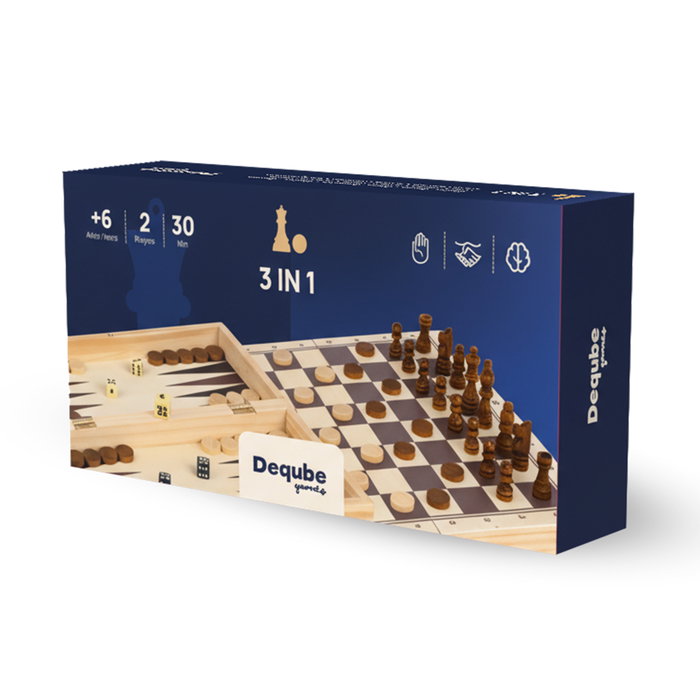 DEQUBE Juego 3 en 1: Ajedrez, Damas y Backgammon