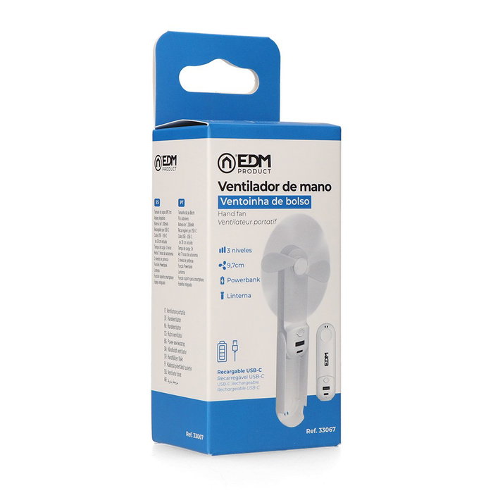 EDM Ventilador de Mano Plegable con Linterna, Powerbank, Soporte para Smartphone, Cargable USB-C, 3 Velocidades, Color Surtido