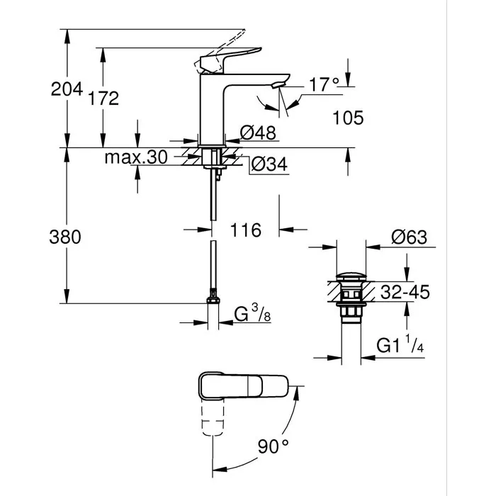 GROHE Grifo mezclador para lavabo DICE - Cartucho Ch3, sistema click-clack, Cromado - AACJN85194