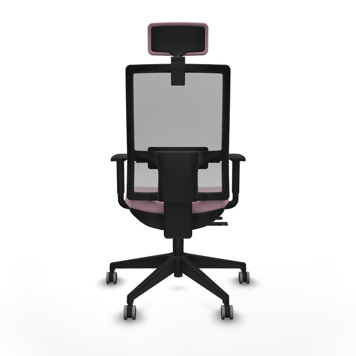 Silla de oficina Horna con mecanismo Sincro/Traslack tapizada con Tela color Rosa y malla color Gris. Equipada con lumbar 1D, Brazos 1D, Cabecero 2D y Ruedas 65 mm parqué