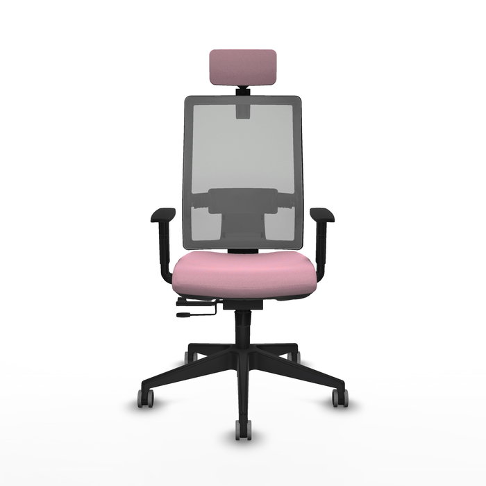 Silla de oficina Horna con mecanismo Sincro/Traslack tapizada con Tela color Rosa y malla color Gris. Equipada con lumbar 1D, Brazos 1D, Cabecero 2D y Ruedas 65 mm parqué