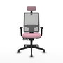 Silla de oficina Horna con mecanismo Sincro/Traslack tapizada con Tela color Rosa y malla color Gris. Equipada con lumbar 1D, Brazos 1D, Cabecero 2D y Ruedas 65 mm parqué