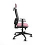 Silla de oficina Horna con mecanismo Sincro/Traslack tapizada con Tela color Rosa y malla color Gris. Equipada con lumbar 1D, Brazos 1D, Cabecero 2D y Ruedas 65 mm parqué