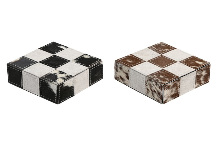 DKD Home Decor Juego Loft Tic Tac Toe Joyero Piel Inox Marron Negro Blanco Set de 2 Piezas 5 x 15 x 15 cm