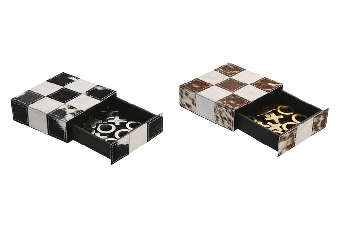 DKD Home Decor Juego Loft Tic Tac Toe Joyero Piel Inox Marron Negro Blanco Set de 2 Piezas 5 x 15 x 15 cm