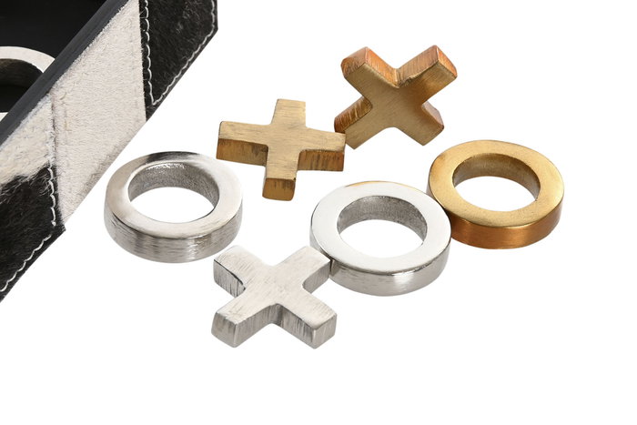DKD Home Decor Juego Loft Tic Tac Toe Joyero Piel Inox Marron Negro Blanco Set de 2 Piezas 5 x 15 x 15 cm