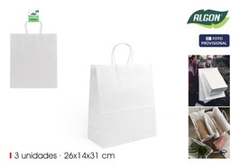 Algon Set de 3 Bolsas de Papel Blancas de 26 x 14 x 31 cm (24 Unidades)