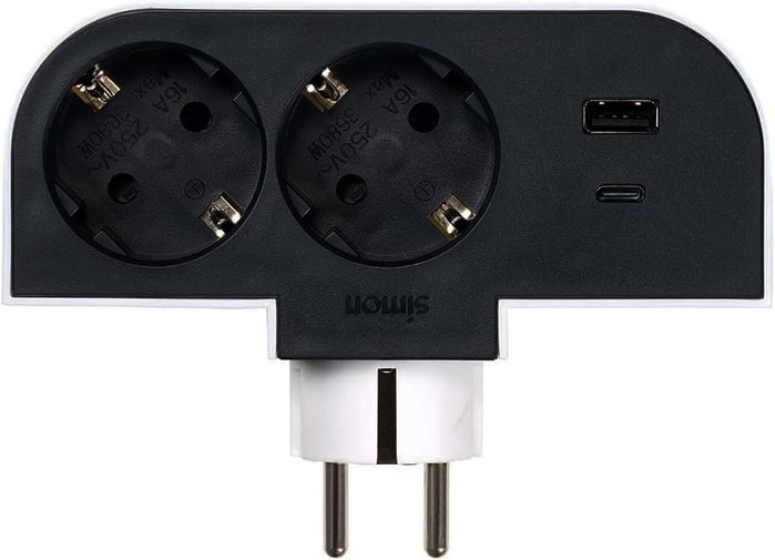 Simon Adaptador giratorio schuko 2 tomas + usb a+c 30 w 16 a 250 v~ Simon Adaptador giratorio schuko 2 tomas + usb a+c 30 w 16 a 250 v~