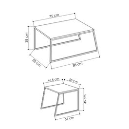 Hanah Home Pal Orta Sehpa - Anthracite Mesa de Centro, 88x38x50cm y 57x45x55cm