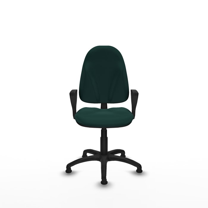 Silla de oficina Algarra con mecanismo Contacto permanente básico tapizada con Similpiel color Verde botella. Equipada con Base poliamida negra, Brazos fijosy Topes