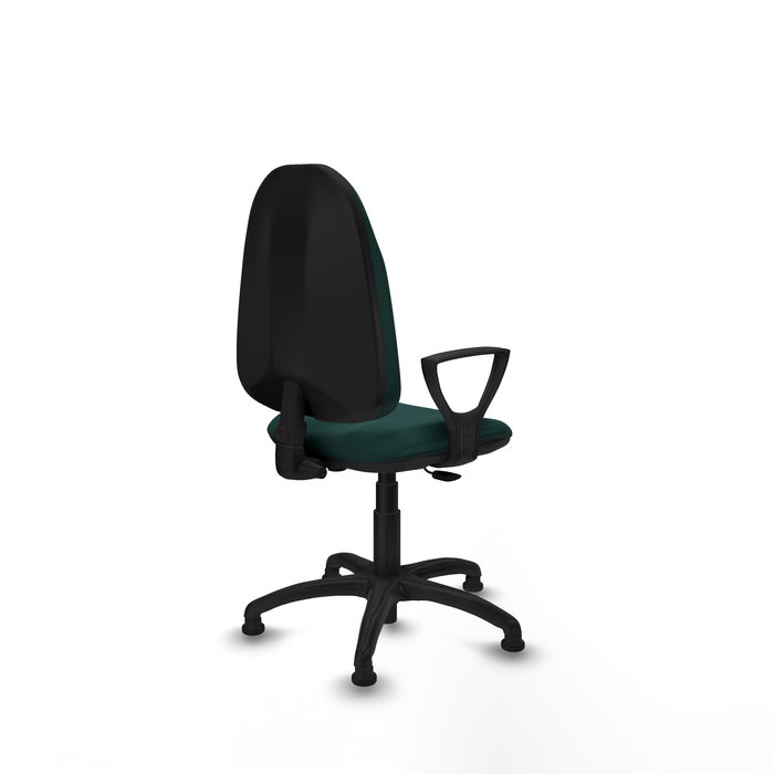 Silla de oficina Algarra con mecanismo Contacto permanente básico tapizada con Similpiel color Verde botella. Equipada con Base poliamida negra, Brazos fijosy Topes
