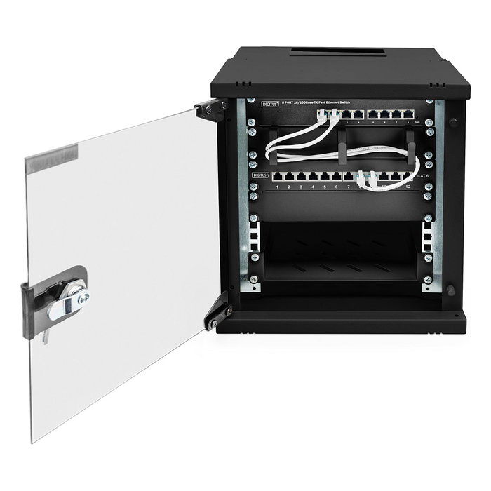 Digitus Caja Mural SOHO PRO 6HE Bastidor de Pared 10" Negro 325x315x300 mm, 60 kg, Bloqueo de Teclado, Gestión de Cables, Puerta de Cristal
