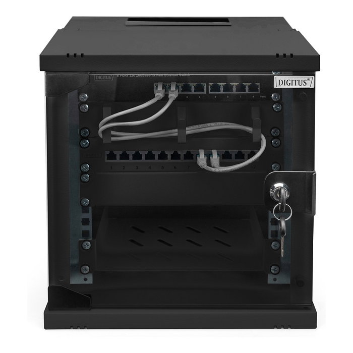 Digitus Caja Mural SOHO PRO 6HE Bastidor de Pared 10" Negro 325x315x300 mm, 60 kg, Bloqueo de Teclado, Gestión de Cables, Puerta de Cristal