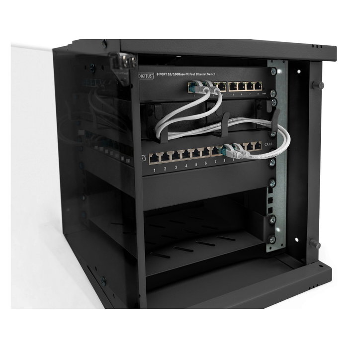Digitus Caja Mural SOHO PRO 6HE Bastidor de Pared 10" Negro 325x315x300 mm, 60 kg, Bloqueo de Teclado, Gestión de Cables, Puerta de Cristal