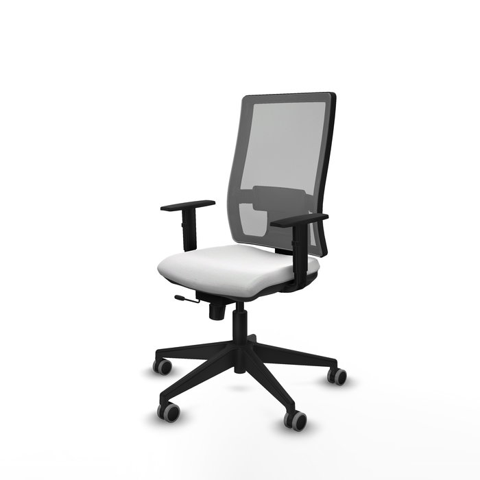 Silla de oficina Horna con mecanismo Sincro/Traslack tapizada con Tela color Blanco y malla color Gris. Equipada con lumbar 1D, Brazos 1D y Ruedas 65 mm parqué
