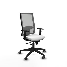 Silla de oficina Horna con mecanismo Sincro/Traslack tapizada con Tela color Blanco y malla color Gris. Equipada con lumbar 1D, Brazos 1D y Ruedas 65 mm parqué