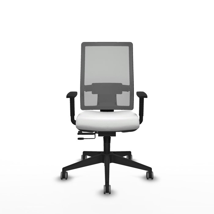 Silla de oficina Horna con mecanismo Sincro/Traslack tapizada con Tela color Blanco y malla color Gris. Equipada con lumbar 1D, Brazos 1D y Ruedas 65 mm parqué