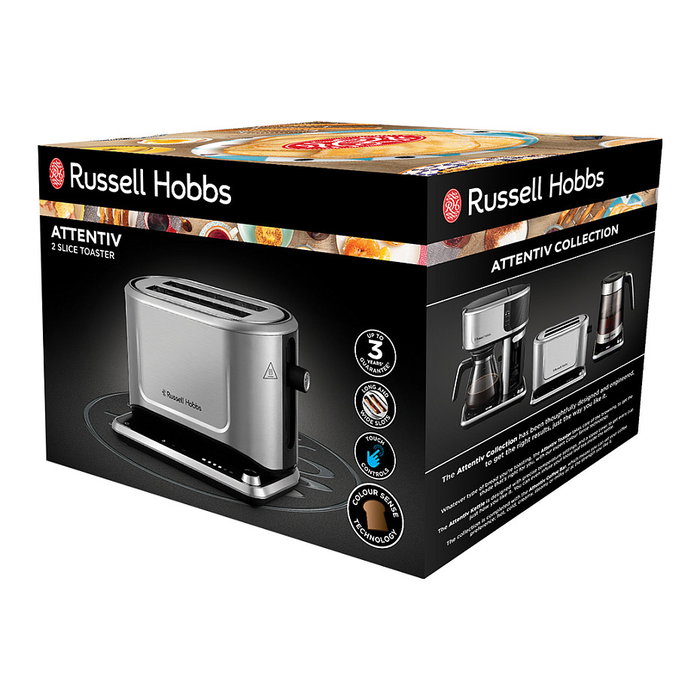 Russell Hobbs Toaster Attentiv 26210-56, 2 Rebanadas, Acero Satinado, Control por Nivel y Tocar, LED, Función Descongelar y Recalentar, Bandeja Extraíble