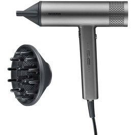 Secador de Pelo Severin HT 0169 S-Style Speed Pro, Iónico, 2000W, con Concentrador y Difusor Magnético, Color Gris y Negro
