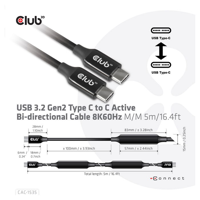 Club 3D Cable USB 3.2 Tipo C Activo 5 Metros (5m) Acero Inoxidable St/St para Carga y Datos Rápida